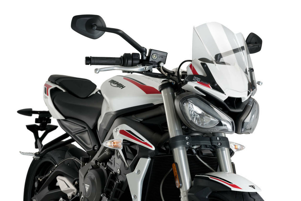 PUIG Naked New Gen Sport clear windshield, motorcycle windscreen with sleek design and transparent safety shield.