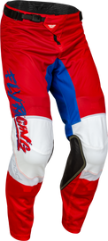 Fly Racing Youth Kinetic Mesh Khaos Pants in red, white, and blue, size 22, featuring lightweight mesh design for motocross riding