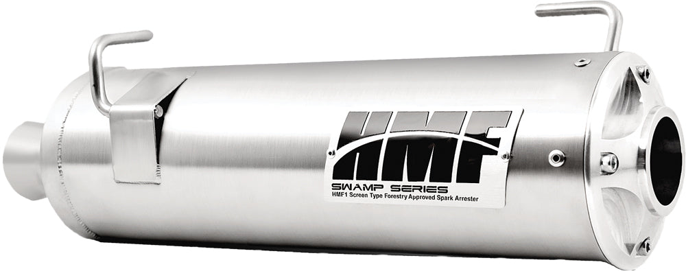 HMF Racing Swamp Series S/O Can exhaust system with polished finish, showing the detailed metal construction and branding.