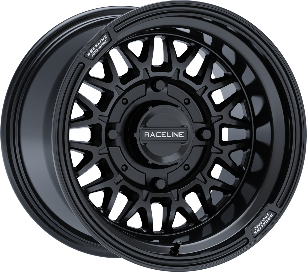Raceline Omega 15x10 gloss black alloy wheel for Can-Am Maverick with 4/137 bolt pattern and 5+5 offset.