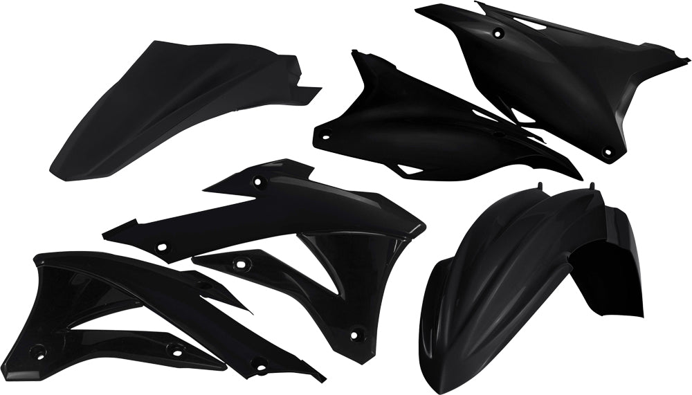 Acerbis black plastic kit with various panels and components, designed for motorcycle or ATV customization and repair.
