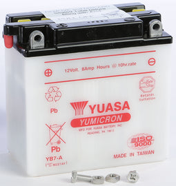 Yuasa Yb7-A conventional 12V car battery with positive and negative terminals visible in the image.