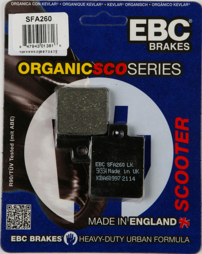 EBC Motorcycle Brakes Sfa260 Organic brake pads showing detailed black friction material and metal backing for motorcycle braking.