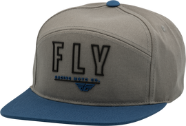 Fly Racing Fly Skyline hat in light grey and blue, showcasing a stylish headgear design with adjustable strap and logo details.