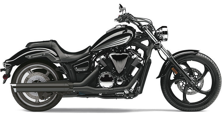 Black Cobra slip-on exhaust with scalloped tip, designed for Yamaha Stryker motorcycles, model years 2011-2018.