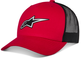 Alpine Star Reflect Ageless Trucker Hat in red and black with mesh back and curved brim, casual outdoor headwear.