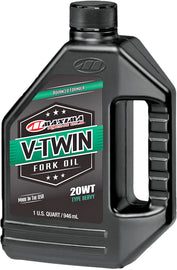 Maxima V-Twin Type-E Fork Oil 20wt in 32oz bottle, ideal for motorcycle suspension forks, with label showing product details.