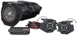 SSV Works 3-speaker plug and play kit for Ride Command, includes audio connection components and wiring for easy installation.