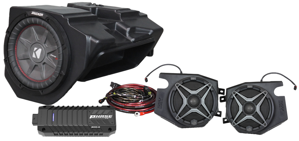 SSV Works 3-speaker plug and play kit for Ride Command system, featuring audio connection components and wiring.