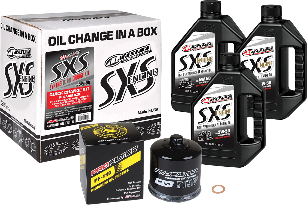 Maxima SXS Oil Quick Change Kit 5W50 with black oil filter for easy motorcycle oil change, includes oil filter and oil.