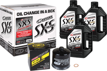 Load image into Gallery viewer, Maxima SXS Oil Quick Change Kit 5W50 with black oil filter for easy motorcycle oil change, includes oil filter and oil.