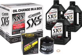 Maxima SXS Oil Quick Change Kit 5W50 with black oil filter for easy motorcycle oil change, includes oil filter and oil.