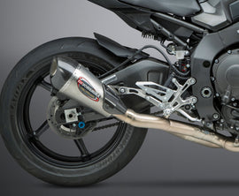 Yoshimura Race Alpha-T 3-quarter slip-on exhaust with stainless steel and carbon fiber components on a motorcycle.