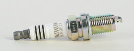 NGK BKR9EIX spark plug with metal shell and ceramic insulator, designed for automotive engines.
