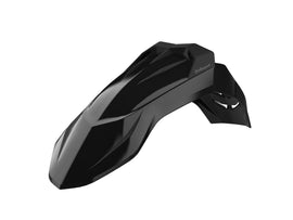 Polisport Plastics universal front fender in black, designed for motorcycles, shown in the image with a sleek, durable plastic finish.
