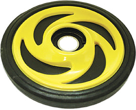 Ppd idler wheel measuring 6.38 inches by 20 mm in yellow, designed for industrial equipment, with a durable wheel and mounting bracket.