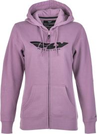 Fly Racing Women's Fly Corporate Mauve Zip-Up Hoodie, front view showing lightweight fabric and fitted casual style.