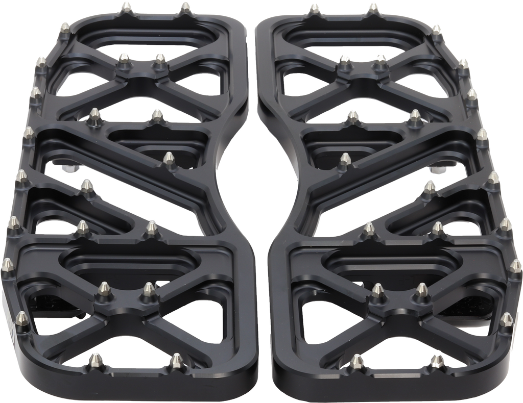 Flo Motorsports V5 black floorboards for Indian motorcycles, showing textured foot control surface and mounting hardware.