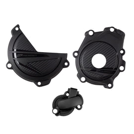 Polisport Plastics black engine protection kit for KTM and Husqvarna motorcycles, includes engine guards and side panels.