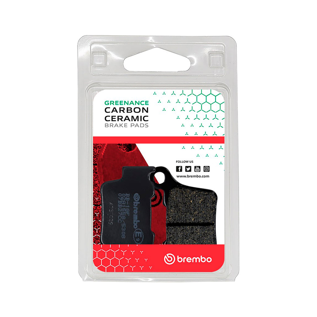 Brembo Prime CC Carbon Ceramic Brake Pads with Brembo branding, showing the black brake pad surface and metal backing plate.