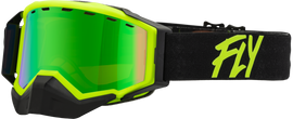Fly Racing Zone snow goggles with black and hi-vis frame, green mirror and amber lens, designed for winter sports.