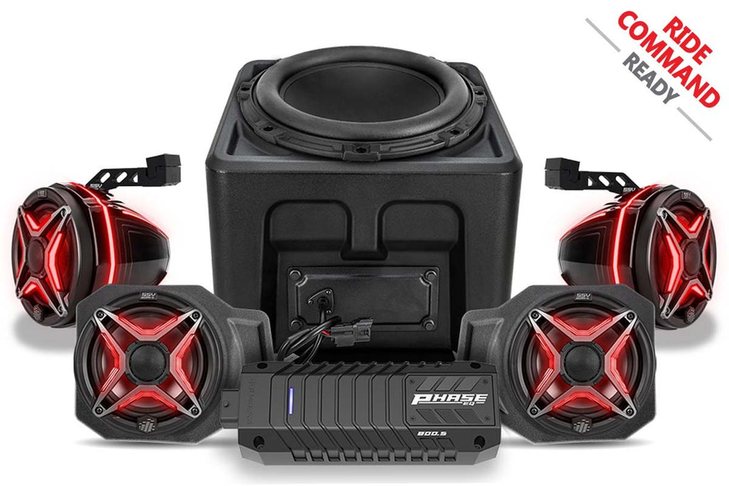 SSV Works 5 speaker kit with Phase EQ for Ride Command system, featuring audio components mounted in a rugged off-road vehicle setup.