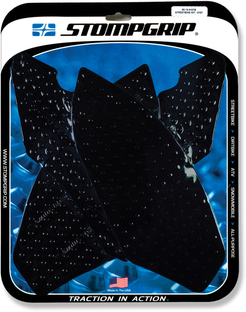 Stompgrip Tank Pad Kit Volcano Black on motorcycle body, featuring durable black rubber grip pads for enhanced control and style.