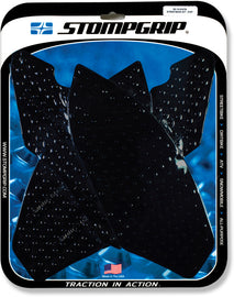 Stompgrip Tank Pad Kit Volcano Black on motorcycle body, featuring durable black rubber grip pads for enhanced control and style.