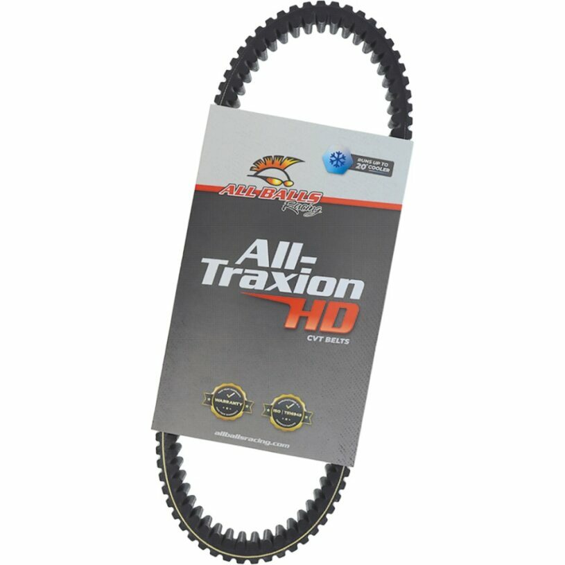 All Balls CV belt 22-59015 showing black rubber belt with reinforced edges for motorcycle CV joint drive system