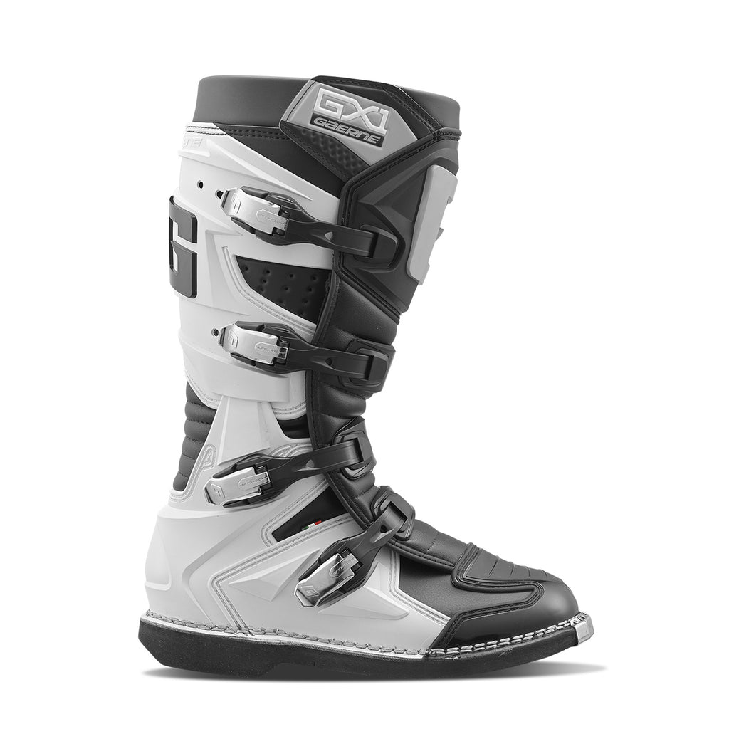 Gaerne GX1 motorcycle boots in black, white, and grey, size 12, featuring sturdy construction and protective design.