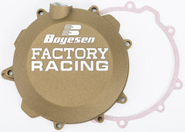 Boyesen Factory Racing Clutch Cover Magnesium for motorcycles, showcasing a sleek, metallic magnesium clutch cover with detailed branding.