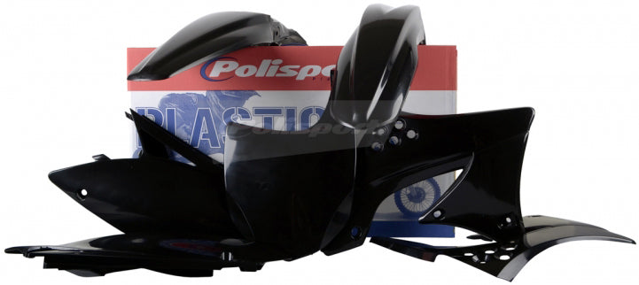 Polisport Plastics black plastic body kit for motorcycles, shown with various panels and components on a white background.