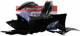 Polisport Plastics black plastic body kit for motorcycles, shown with various panels and components on a white background.