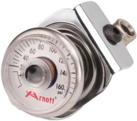 Arnott chrome suspension pressure gauge with bracket for vehicle, displaying pressure dial and mounting hardware.