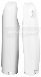 Polisport Plastics white fork guards for bikes, showing the body protection with mounting points and branding details.