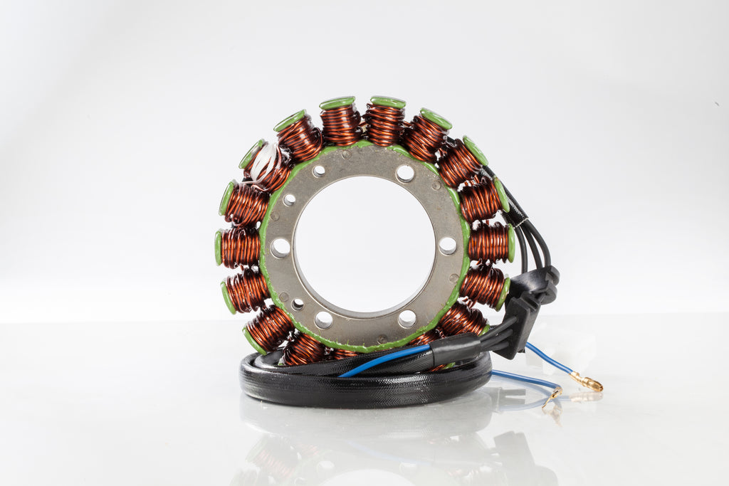 Ricks Motorsport Electric Stator 27-21401 for motorcycle electrical system, showcasing the black metal coil and wiring connectors.