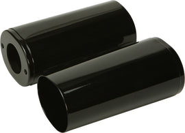 HardDrive black upper fork tube covers for touring motorcycles, fits Flst 1984-2013 and 1986-2014 models, suspension component.