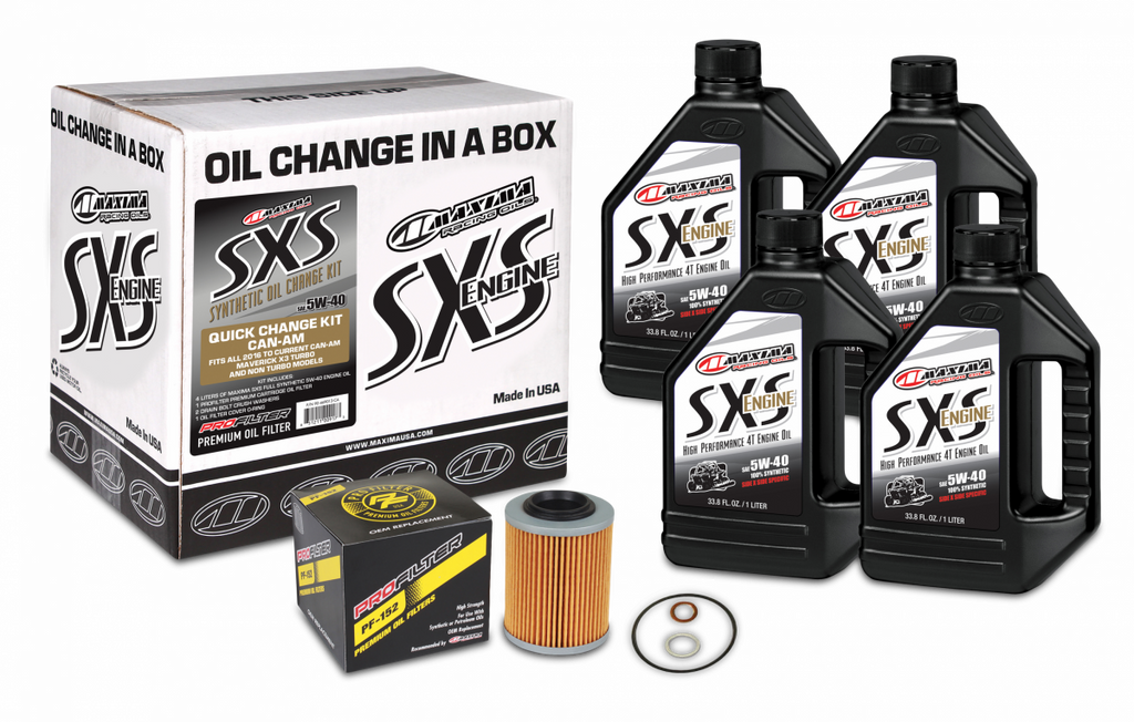 Maxima SXS Can-Am oil quick change kit with 5W40 oil and oil filter for Can-Am side-by-side vehicles, includes filter and oil components.