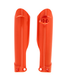 Acerbis orange lower fork cover set for KTM motorcycles, designed to protect and enhance the front suspension.