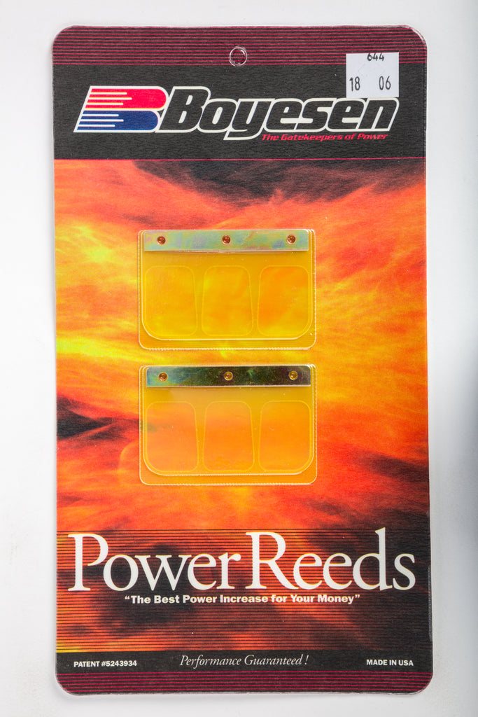 Boyesen motorcycle reeds 59-7644 for intake and fuel system, shown installed in a carburetor assembly.