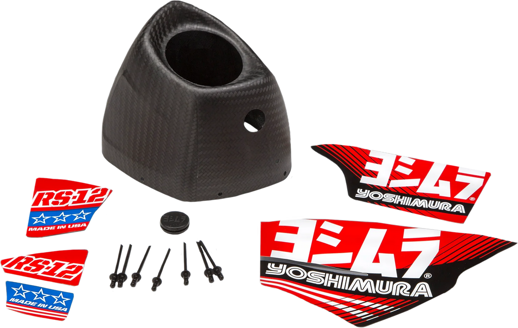Yoshimura Rs12 carbon cap kit for exhaust system, featuring sleek black carbon fiber components and high-quality craftsmanship.