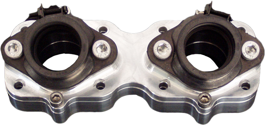 ModQuad intake manifold for 34/36mm carbs, fuel system component with metal construction and mounting ports for motorcycle engine.