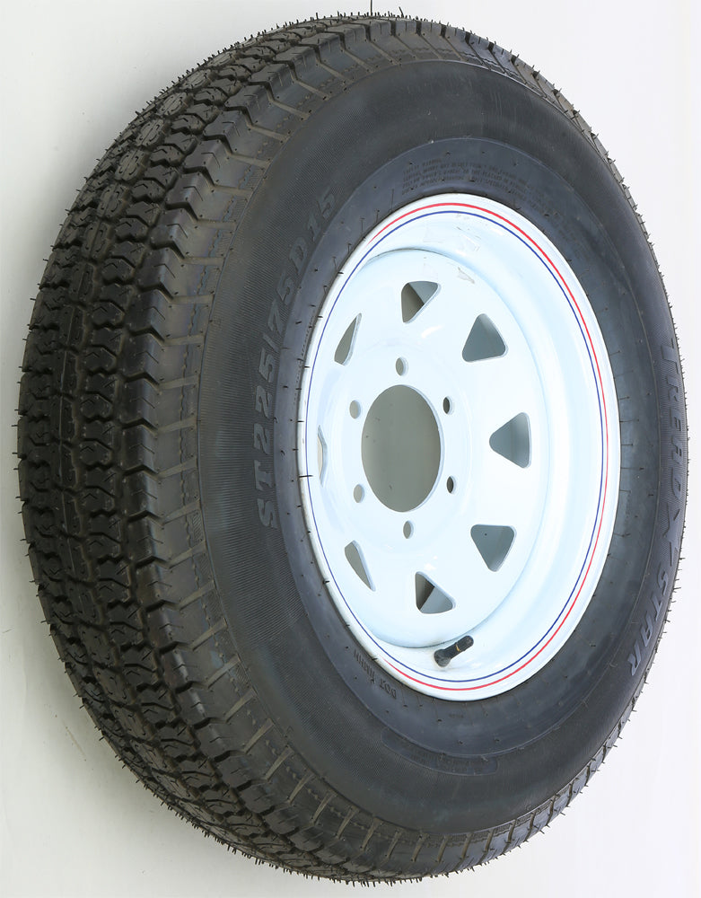 AWC trailer tire and wheel assembly with white rim, 58-8169 model, mounted on a trailer for durable transport.