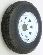 Load image into Gallery viewer, AWC trailer tire and wheel assembly with white rim, 58-8169 model, mounted on a trailer for durable transport.