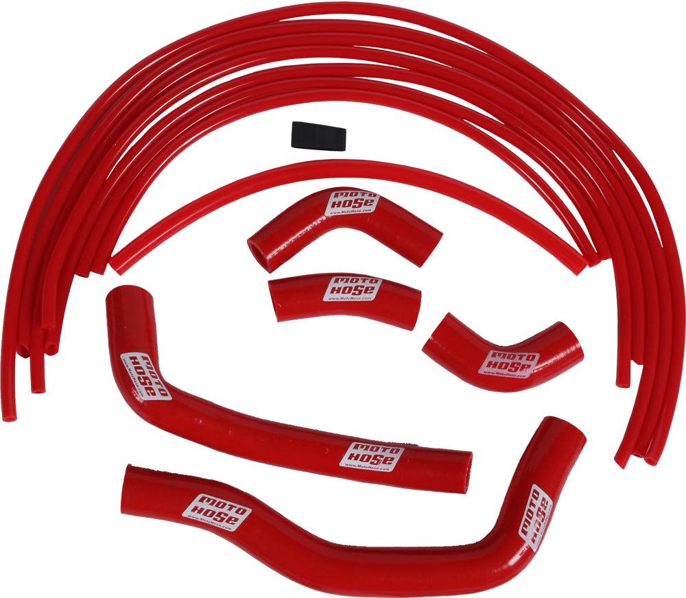 Red Moto Hose silicone engine hose kit with multiple flexible hoses and fittings for automotive cooling systems.