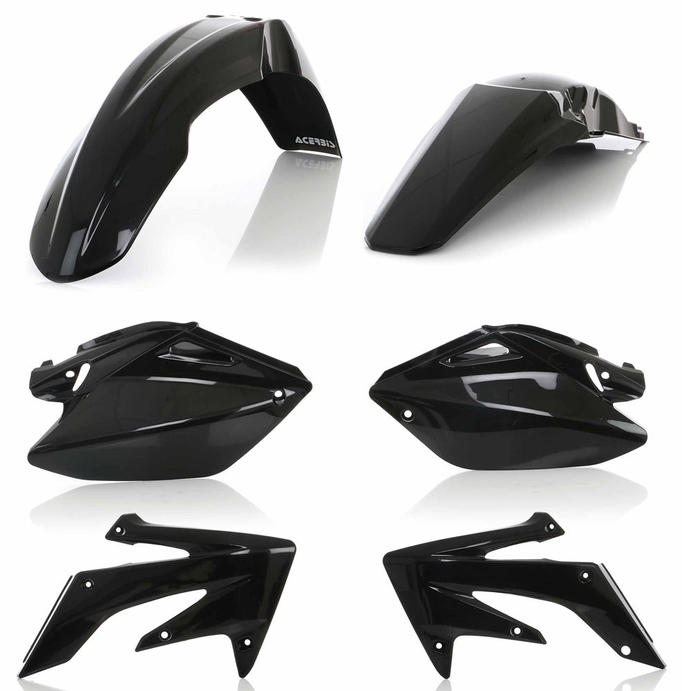 Acerbis black plastic kit with various motorcycle fairing parts and panels for custom fit and style.