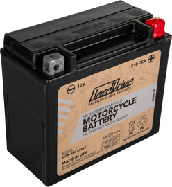HARDDRIVE YTX20HL high-performance motorcycle battery with 310 CCA, showing the battery's top view with terminals and branding.