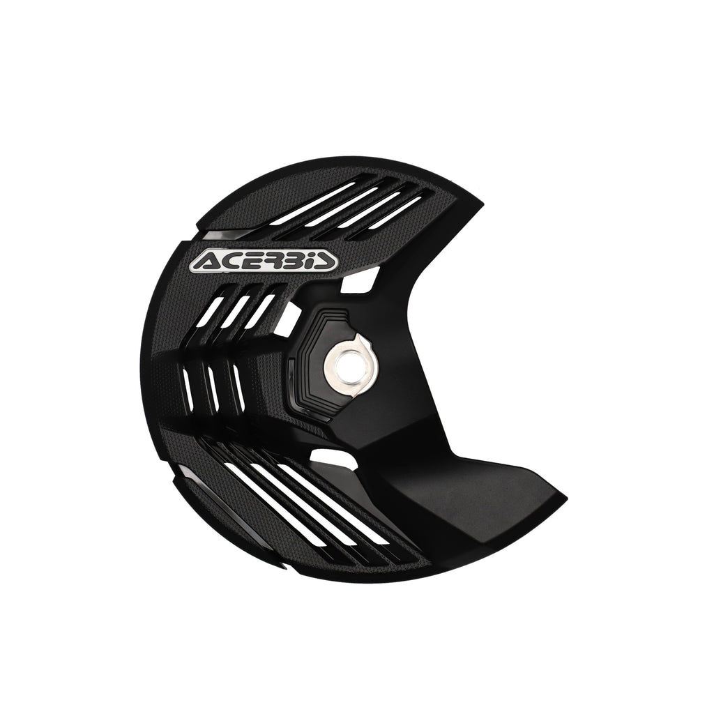 Acerbis black linear front disc cover for Honda, Kawasaki, Sherco, Yamaha motorcycles, showing the protective cover design.