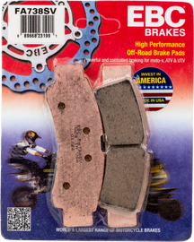 EBC Motorcycle Brakes Fa738sv Severe Duty SV Series brake pads for motorcycles, showing the black friction material and metal backing plate.