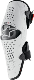 Alpine Star Sx-1 Knee Guards in white and black, size small/medium, showing protective knee pad design and branding.